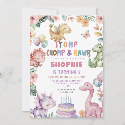 Dinosaur Girl Dino Birthday Party Einladung (Vorderseite)