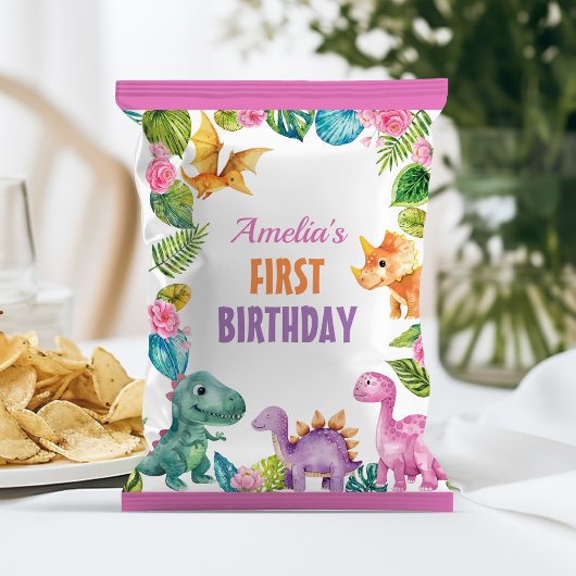 Dinosaur Girl First Birthday Chip Bag Wrapper Flyer