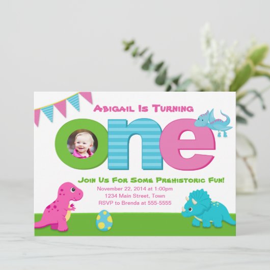 Dinosaur Girl Geburtstag Einladung 1. Geburtstag (Stehend Vorderseite)