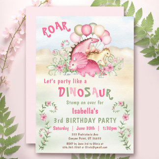 Dinosaur Girl Pink Pastel Niedlich Floral 1. Gebur Einladung