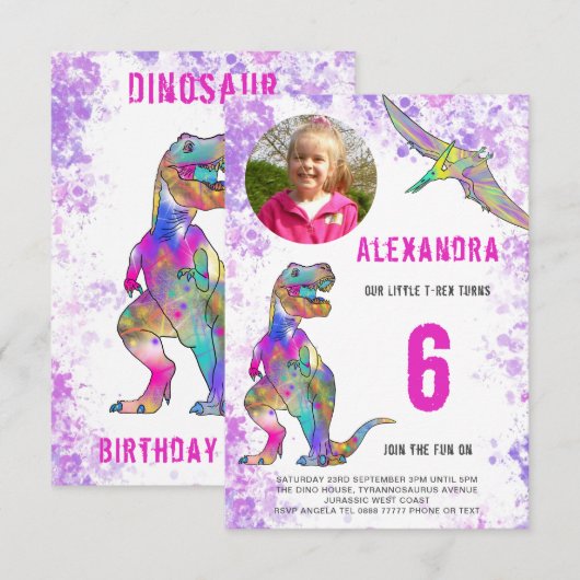 Dinosaur Girls Birthday Party Foto Einladung (Vorne/Hinten)