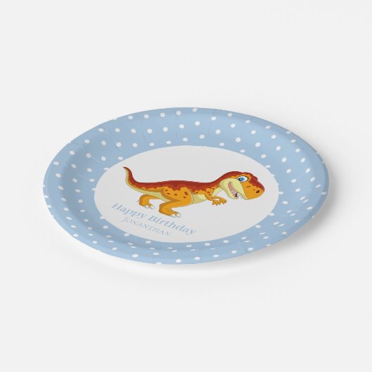 Dinosaur Gold T Rex Blue Boy Party Pappteller (Schrägansicht)