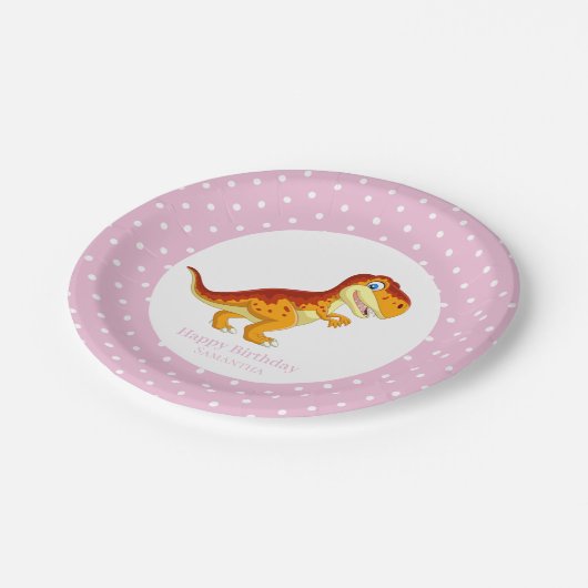 Dinosaur Gold T Rex Party Weiße Punkte Pappteller (Schrägansicht)