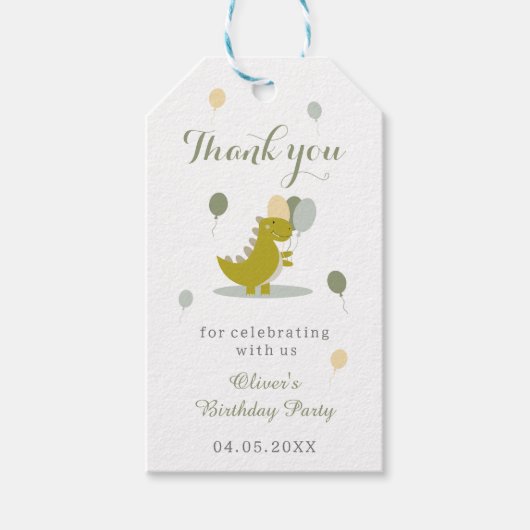 Dinosaur Green Gray Erster Geburtstag Vielen Dank Geschenkanhänger (Vorderseite)