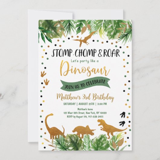 Dinosaur Greenery Birthday Einladung (Vorderseite)
