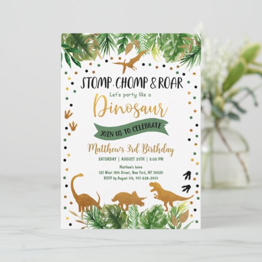 Dinosaur Greenery Birthday Einladung (Stehend Vorderseite)