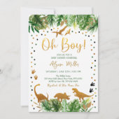 Dinosaur Greenery Gold Baby Shower Einladung (Vorderseite)