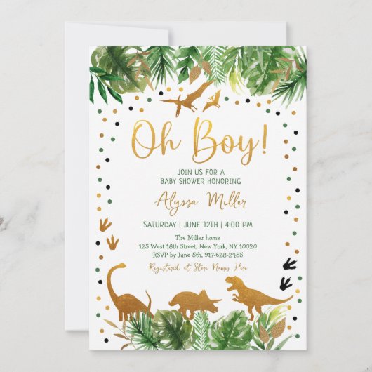 Dinosaur Greenery Gold Baby Shower Einladung (Vorderseite)