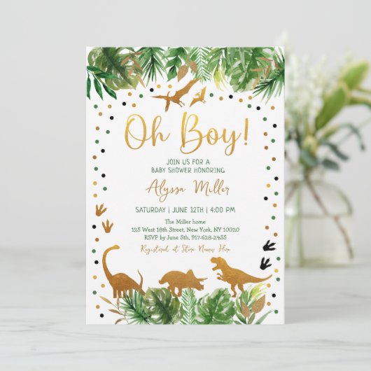 Dinosaur Greenery Gold Baby Shower Einladung (Stehend Vorderseite)