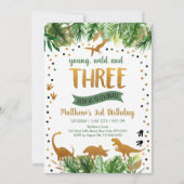 Dinosaur Greenery Gold Dritter Geburtstag Einladung (Vorderseite)