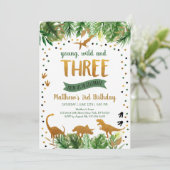 Dinosaur Greenery Gold Dritter Geburtstag Einladung (Stehend Vorderseite)