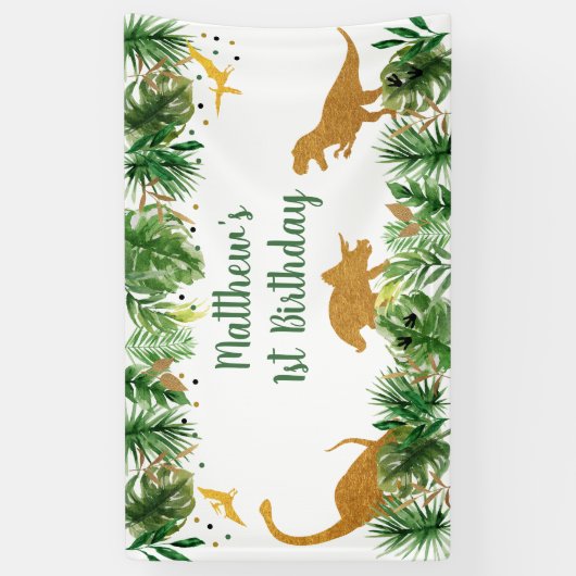 Dinosaur Greenery Gold Geburtstag Banner (Vertikal)