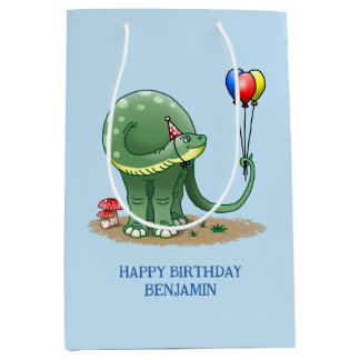 Dinosaur hält bunte Geburtstagsballons Mittlere Geschenktüte