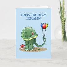 Dinosaur hält drei Luftballons zum Geburtstag