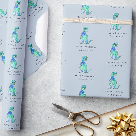 Dinosaur Happy Birthday Personalisiert Boy Blue Geschenkpapier