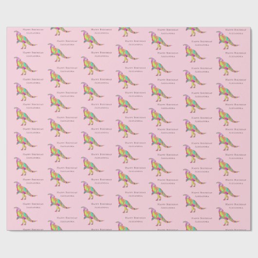 Dinosaur Happy Birthday Personalisiert Girl Name Geschenkpapier (Flach)