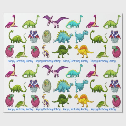Dinosaur Happy Birthday Personalize Name Geschenkpapier (Flach)