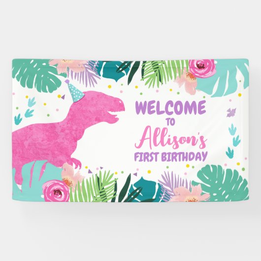 Dinosaur Hintergrund T-Rex Rosa Dino Girl Geburtst Banner (Horizontal)