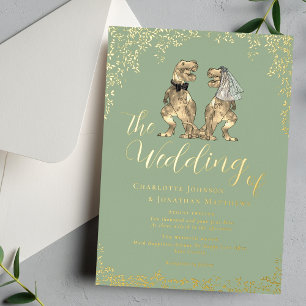 Dinosaur Hochzeit Salbeigrün und Gold Folieneinladung