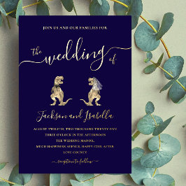 Dinosaur Hochzeit T-Rex Braut und Groom Blue Gold Folieneinladung