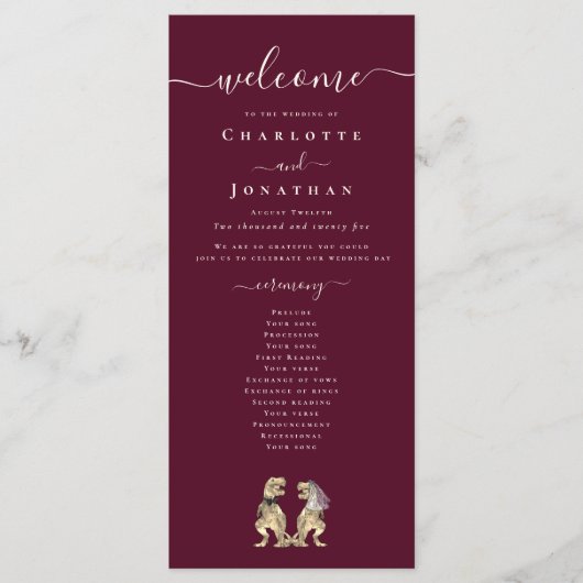 Dinosaur Hochzeitsfeier Burgundy & Cream Programm (Vorderseite)