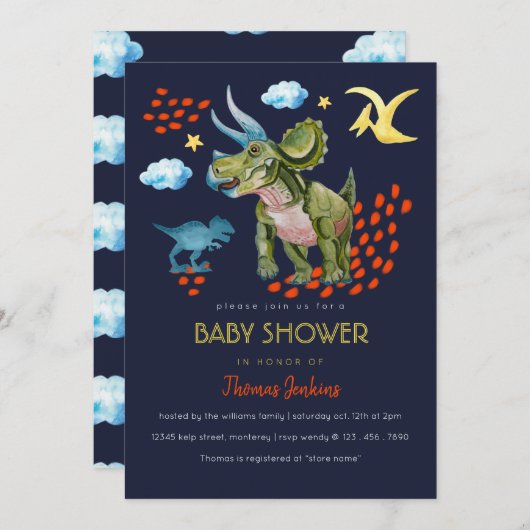 Dinosaur im Watercolor Baby Shower invite. Einladung (Vorne/Hinten)