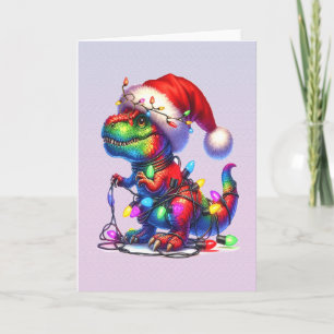 Dinosaur in Weihnachtslichterkette verheddert Feiertagskarte