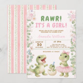 Dinosaur It's a Girl Dinosaur Baby Shower Einladung (Vorne/Hinten)
