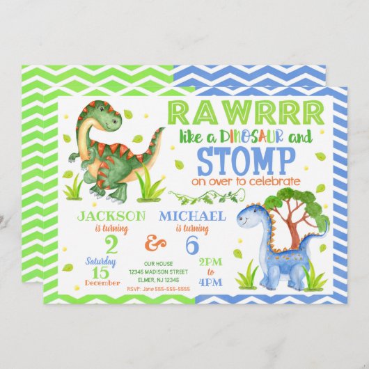 Dinosaur Joint Birthday Einladung für Geschwister (Vorne/Hinten)