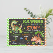 Dinosaur Joint Birthday Einladung für Geschwister (Stehend Vorderseite)