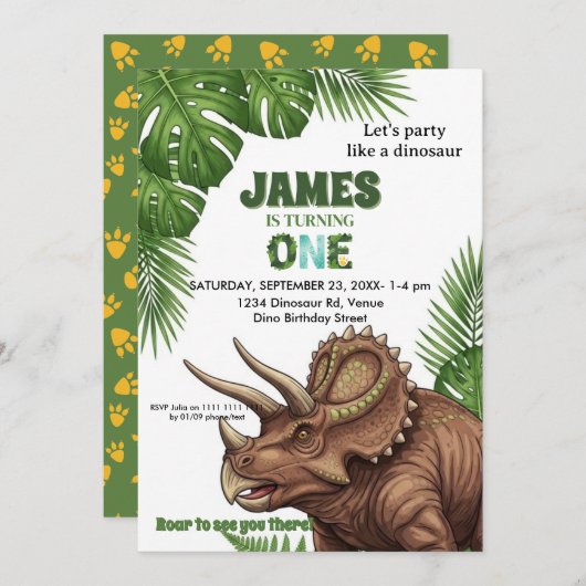 Dinosaur Jungle 1st Birthday Invitation Einladung (Vorne/Hinten)