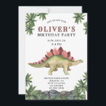 Dinosaur Kids Einladung zum Geburtstag<br><div class="desc">Eine Dinosaurier-Geburtstagsfeier mit einem stegosaurus-Dinosaurier,  der durch urzeitliche Blätter aus Palmen spaziert. Eine Szene aus der Anfangszeit,  mit farbiger Typografie in grün rot und weiß auf schwarzem Hintergrund. Schwarz auf der Rückseite der Einladung.</div>