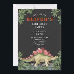 Dinosaur Kids Einladung zum Geburtstag<br><div class="desc">Eine Dinosaurier-Geburtstagsfeier mit einem Dinosaurier,  der von uralten Palmen-Blätter umgeben ist. Eine Szene aus der Anfangszeit,  mit farbiger Typografie in grün rot und weiß auf schwarzem Hintergrund. Schwarz auf der Rückseite der Einladung.</div>