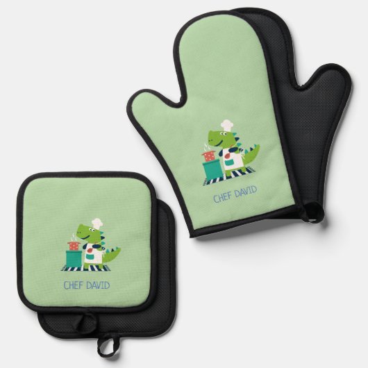 Dinosaur Kids Oven Mitt and Pot Holder Set (Vorderseite/Rückseite)