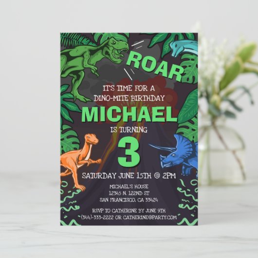Dinosaur Kindergeburtstag Dino Trex Vulkan Einladung (Stehend Vorderseite)