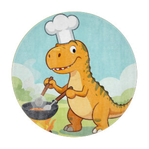 Dinosaur-Koch kocht lustig Schneidebrett