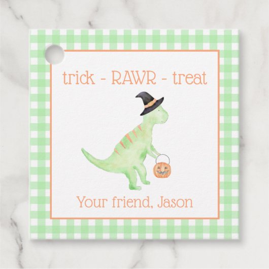 Dinosaur Leckerei Rawr Green Orange Halloween Kind Geschenkanhänger (Vorderseite)