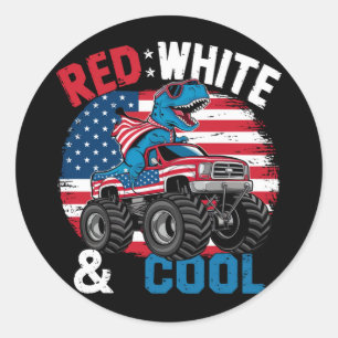 Dinosaur Monster Truck Dino 4. Juli Flaggenjungen Runder Aufkleber