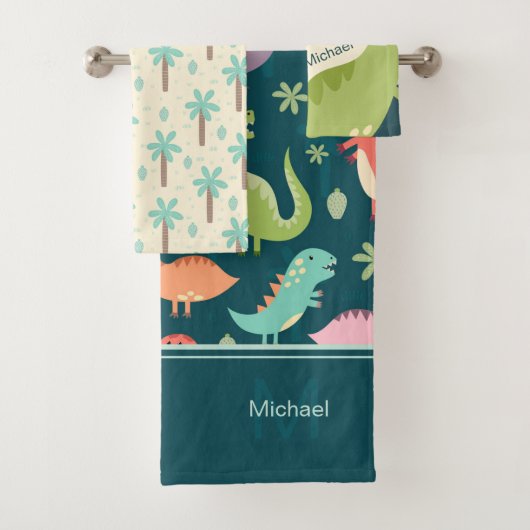 Dinosaur Muster Blau Mit Monogramm Kid Boy Bad Badhandtuch Set (Insitu)