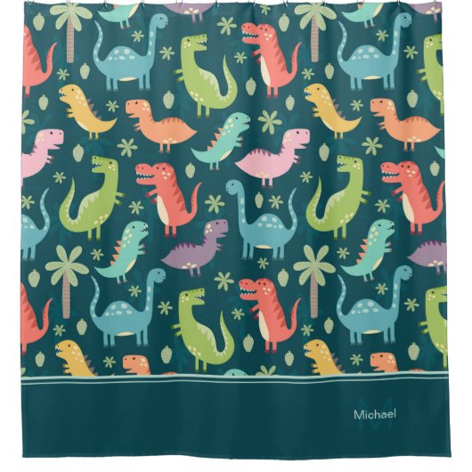 Dinosaur Muster Blau Mit Monogramm Kid Boy Bad Duschvorhang (Vorderseite)