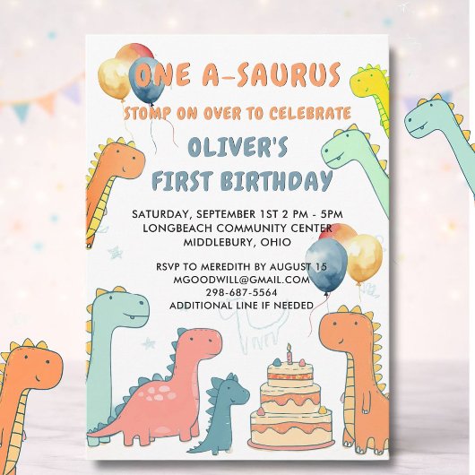 Dinosaur One-A-Saurus Boy 1st Birthday Party   Einladung