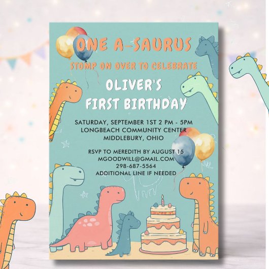 Dinosaur One-A-Saurus Boy 1st Birthday Party  Einladung