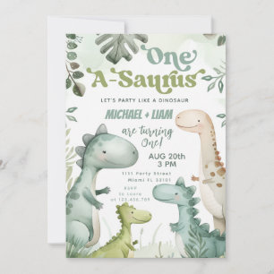 Dinosaur One-A-Saurus Twin Boys 1. Geburtstags-Par Einladung
