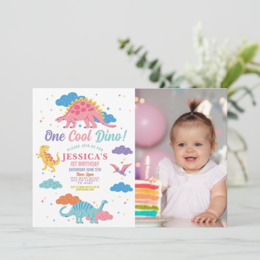 Dinosaur One Rex Niedlich Girls 1st Pink Party Fot Einladung (Stehend Vorderseite)