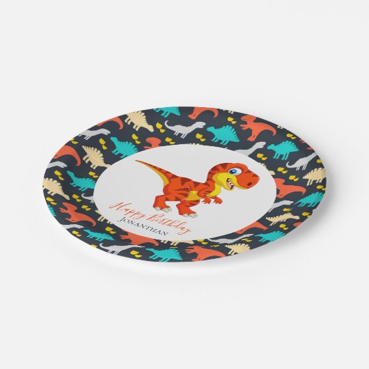 Dinosaur Orange T Rex Party Pappteller (Schrägansicht)