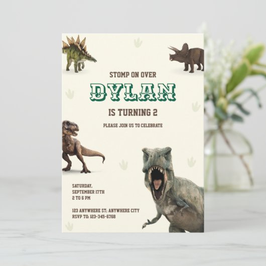 Dinosaur Party Animals Kids Birthday Einladung (Stehend Vorderseite)