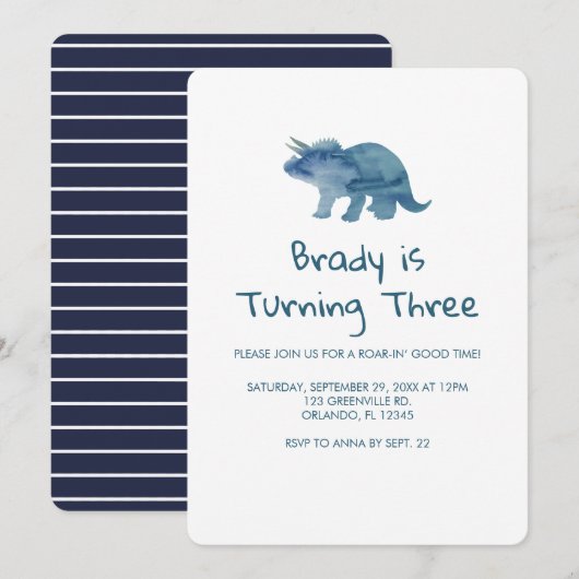 Dinosaur Party Blue Dino Einladung (Vorne/Hinten)