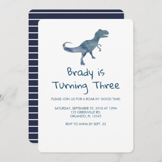 Dinosaur Party Blue Stripe Einladung (Vorne/Hinten)