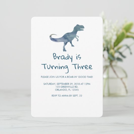 Dinosaur Party Blue Stripe Einladung (Stehend Vorderseite)