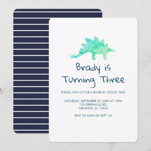 Dinosaur Party Blue Stripe Einladung (Vorne/Hinten)